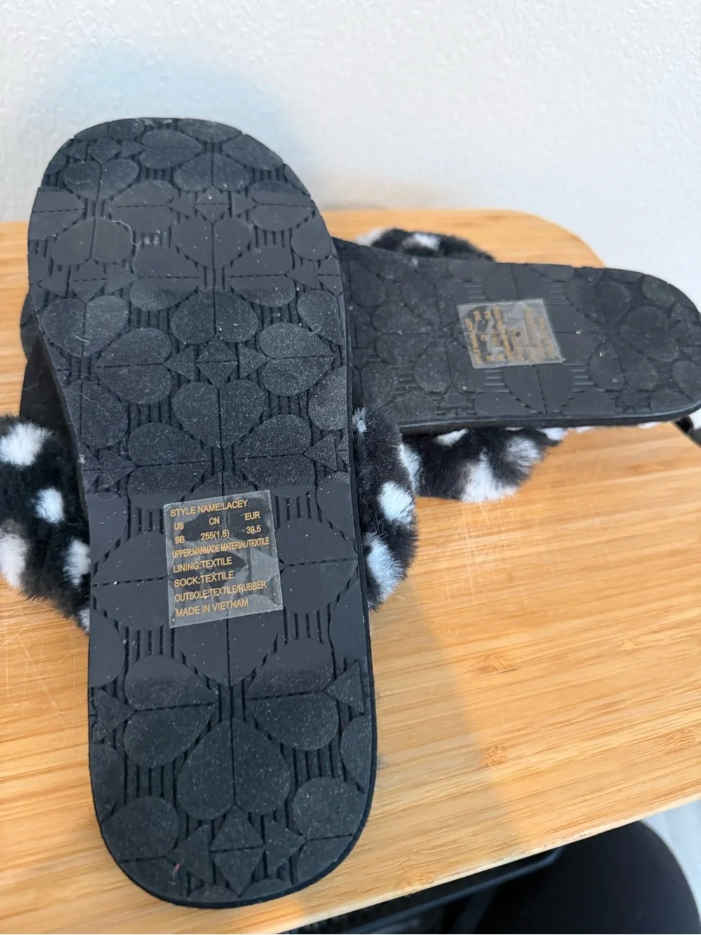 kate spade Black and White Polka Dot Faux  Fur Slip-On Slippers